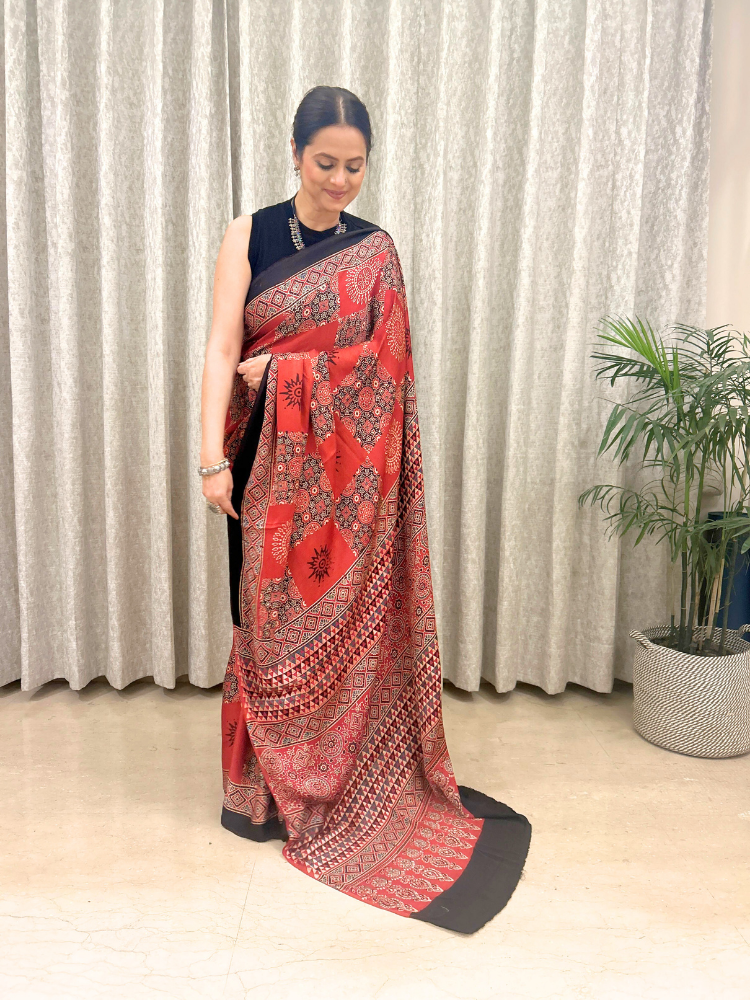 Modal Silk Ajrakh Traditional Style Hand Block Printed Saree